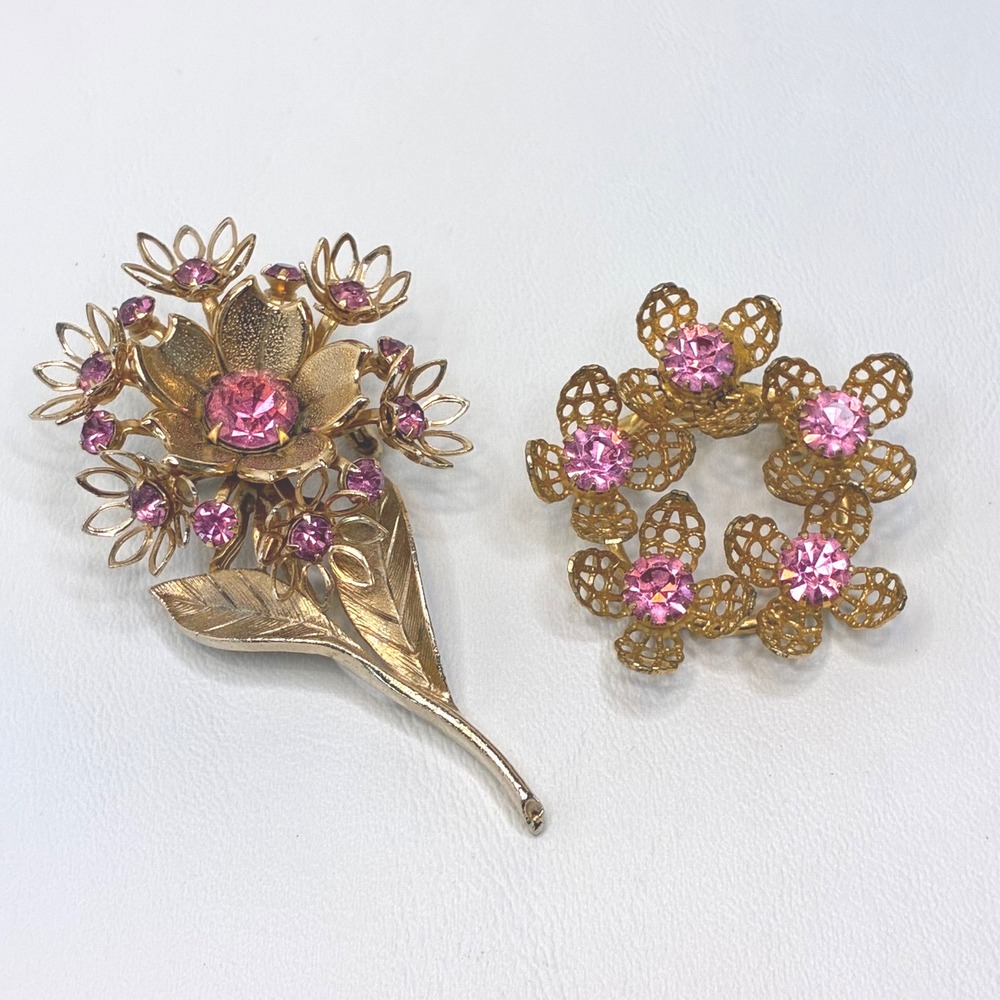 Vintage Brooch Set Pink Rhinestone Gold Tone Floral Spray Wreath Flower Pins